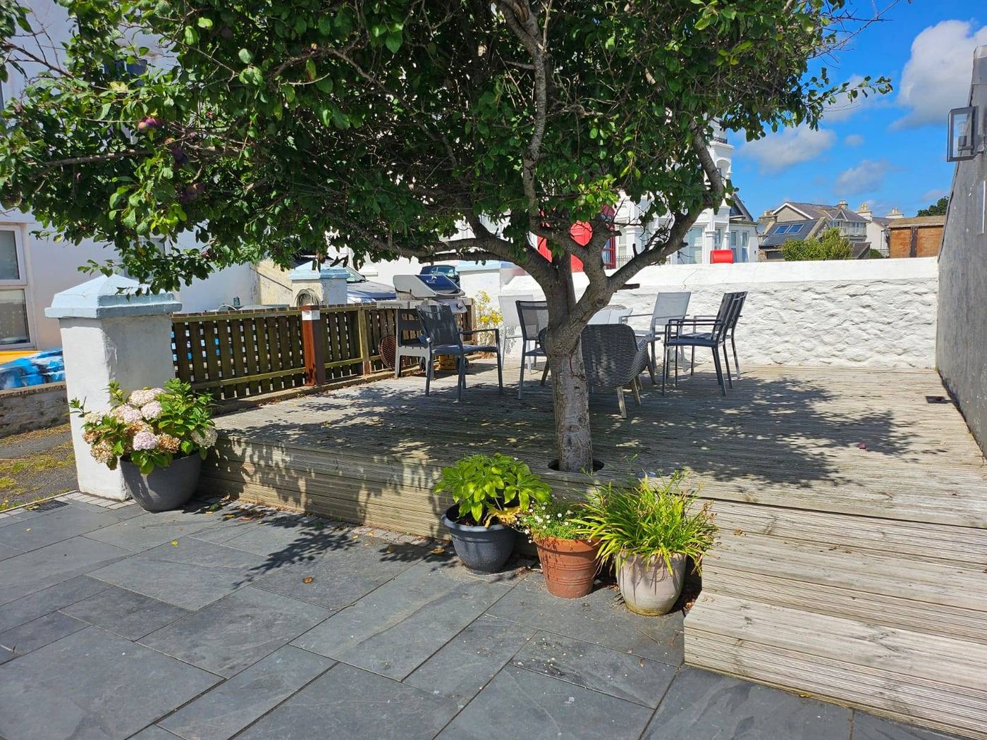 Sheltered courtyard with outdoor seating under a tree