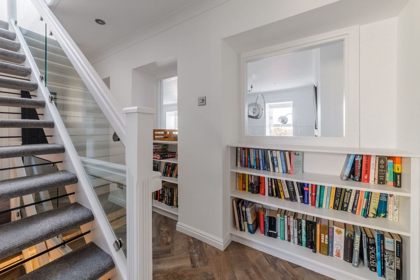 Stairs and built-in bookshelves